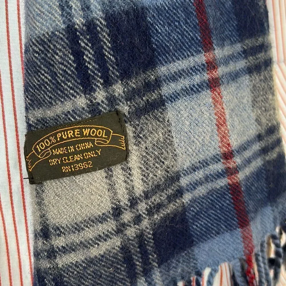 Vintage Plaid 100% Wool Blue and Red Scarf